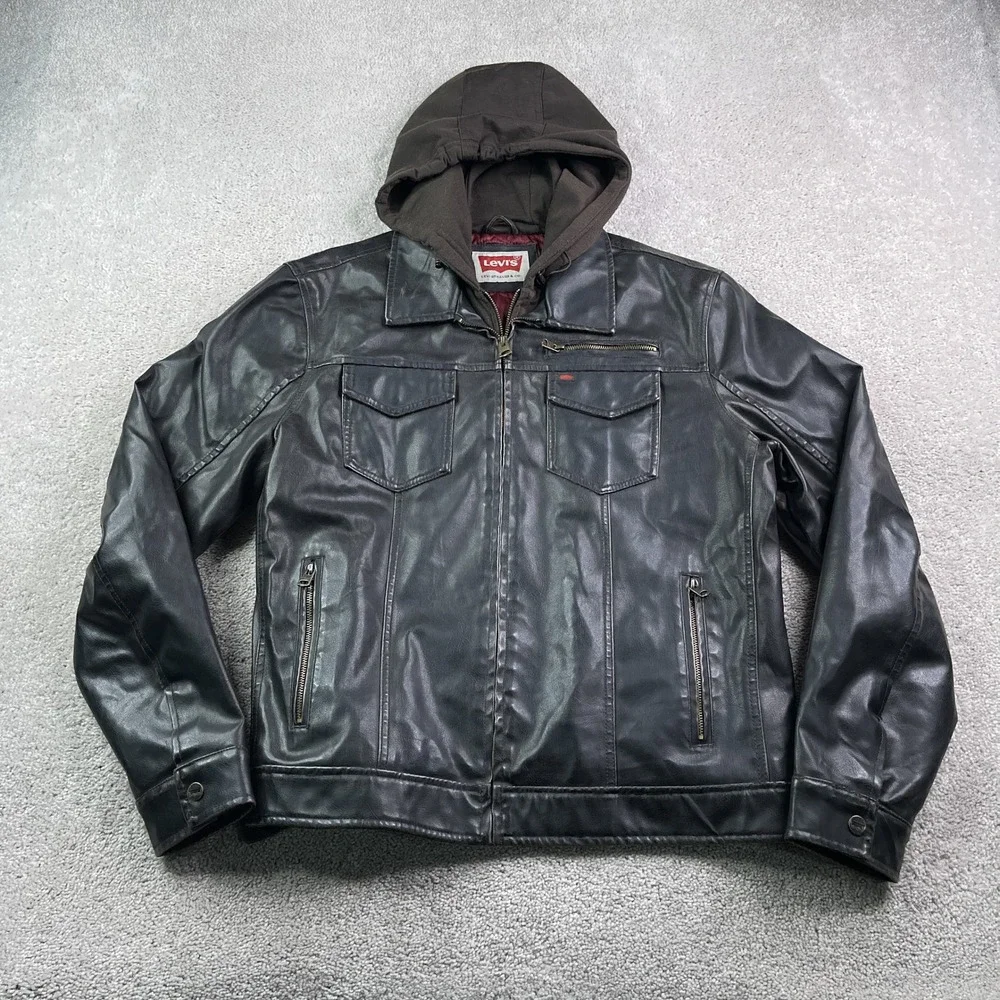 Levis Jacket Mens Large Brown Faux Leather Hooded Moto Biker‎ Quilted Lined Coat